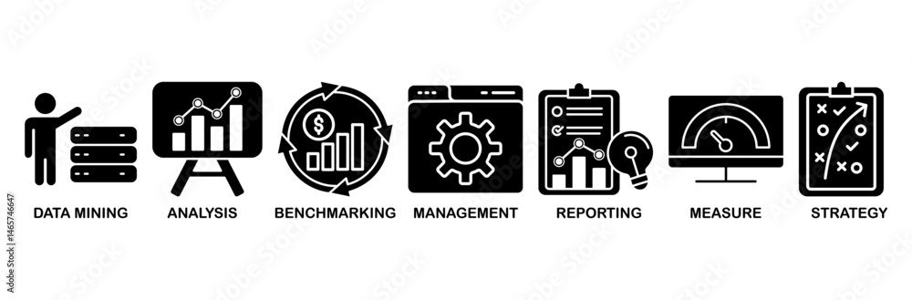 Business intelligence icon set vector illustration concept with icon of data mining, analysis, benchmarking, management, reporting, measure, and strategy Business intelligence icon set vector illustration concept with icon of data mining, analysis, benchmarking, management, reporting, measure, and strategy