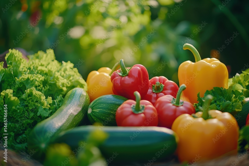 Fresh, vibrant vegetables, including peppers, zucchini, and lettuce, in a garden setting Fresh, vibrant vegetables, including peppers, zucchini, and lettuce, in a garden setting