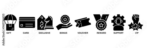 Loyalty program icon set vector illustration concept with icon of gift, card, exclusive, bonus, voucher, reward, support, vip