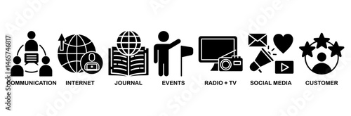 Public relations icon set vector illustration concept with icon of communication, internet, journal, events, radio, tv, social media, and customer�