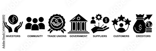 Stakeholder relationship icon set vector illustration concept for stakeholder, investor, government, and creditors with icon of community, trade unions, suppliers, and customers