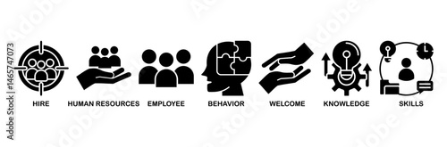 Onboarding icon set vector illustration concept for human resources business industry to introduce newly hired employee into an organization with behavior, welcome, knowledge, and skills icon