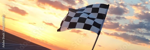 A checkered flag is flying in the air on a sunny day. The flag is black and white and is on a pole. The flag is on a road, and the sun is shining brightly on it