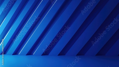 Abstract geometric composition of blue diagonal slats casting shadows creating a gradient effect and depth