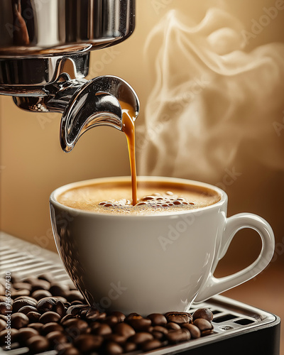Espresso Stream Pouring into White Cup on Machine Tray with Coffee Beans
