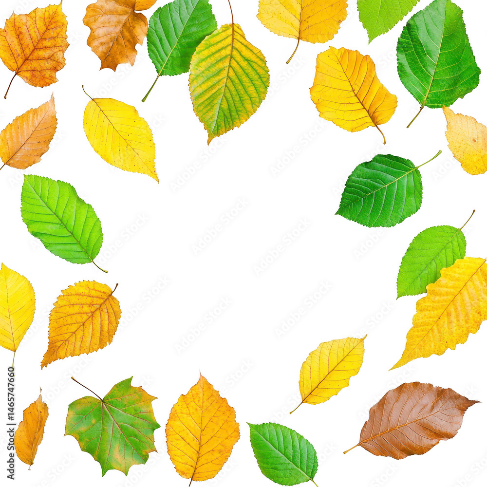 Obraz premium Circle of vibrant autumn leaves in shades of green, yellow, and brown creates natural frame on transparency background, evoking sense of seasonal change and beauty