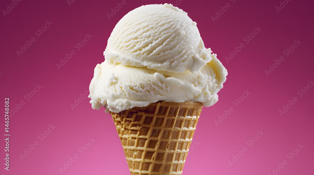 Classic Vanilla Ice Cream Cone Minimal Dessert on Pink Background Classic Vanilla Ice Cream Cone Minimal Dessert on Pink Background