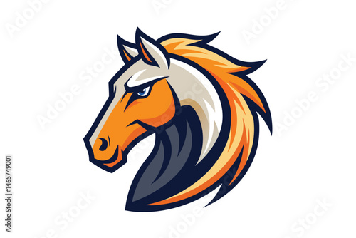 Orange horse head with blue eye looks powerful against the white background