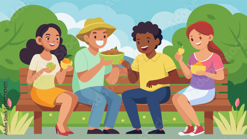A group of tourists sitting on the nearby park bench digging into their first taste of Ecuadorian ceviche and being pleasantly surprised by its tangy flavors.. Vector illustration