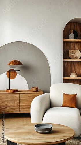 Wallpaper Mural Modern, warm living space. White armchair, wood furniture, decorative objects Torontodigital.ca
