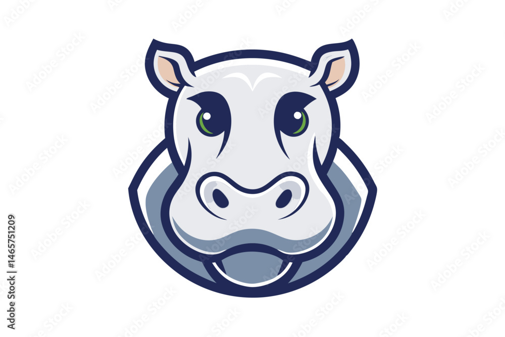 Naklejka premium Cartoon hippo face with green eyes exhibits a cute and friendly expression on white