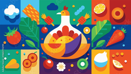 A tantalizing mosaic of flavors the tender chicken vibrant vegetables and aromatic es lending a burst of color and taste to every bite.. Vector illustration