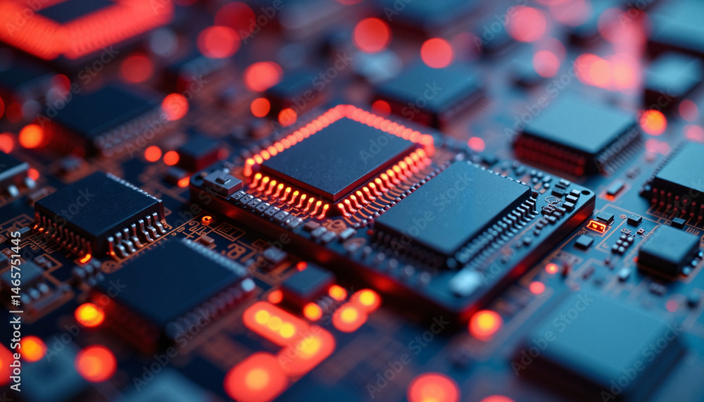 Microchips in Macro View - ComfyUI_0001 with Glowing Red Lights