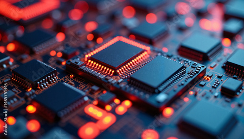 Obraz na płótnie Microchips in Macro View - ComfyUI_0001 with Glowing Red Lights w salonie