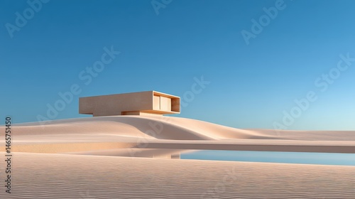 Modern Minimalist House on Desert Landscape with Clear Blue Sky