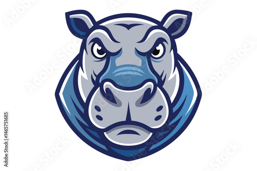 An intimidating blue hippopotamus stares intensely forward with its fierce gaze on a white background