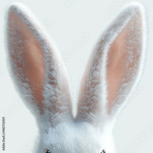 Close-up of a white rabbit with large furry ears and soft fur against a light background, evoking a sense of calm and gentleness