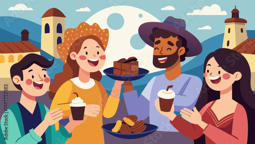 A group of friends gathering in a plaza catching up over plates of churros and rich chocolate their laughter echoing through the ancient village.. Vector illustration