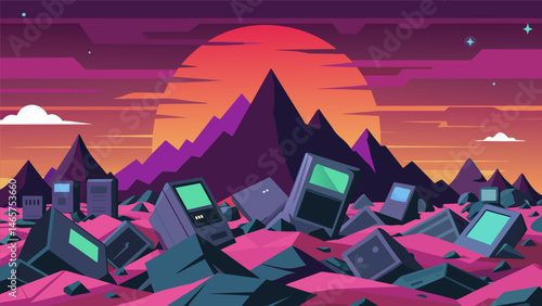 A digital wasteland with mountains of discarded obsolete technology looming over a sea of active data streams.. Vector illustration