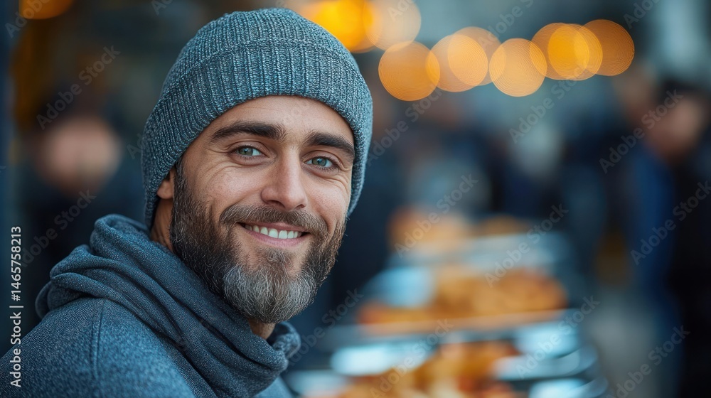 Close-up of a bearded man wearing a gray knit beanie and dark hoodie smiling warmly with blurred background of warm lights and an outdoor setting Close-up of a bearded man wearing a gray knit beanie and dark hoodie smiling warmly with blurred background of warm lights and an outdoor setting