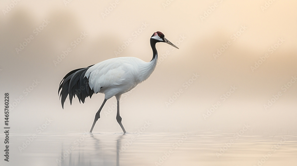 Obraz premium A graceful red crowned crane wades through shallow water du a misty morning in a peaceful wetland area.