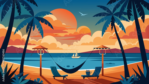 A picturesque setting of palm trees and hammocks where guests lounge with glasses of rum runners while watching the sunset over the Caribbean Sea.. Vector illustration