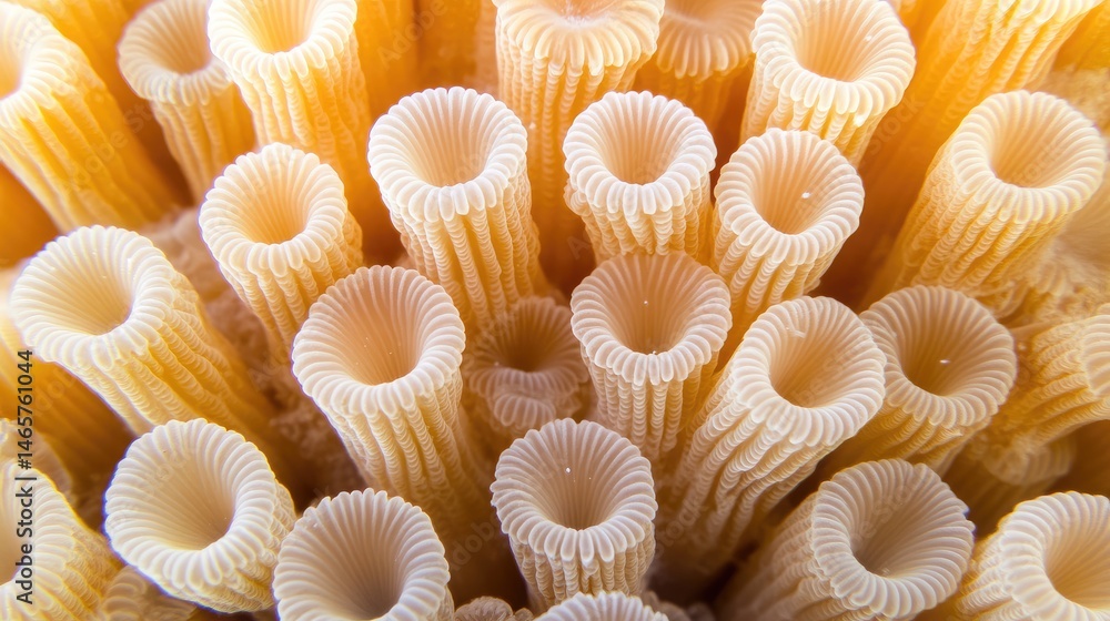 Close-up of numerous pale orange coral polyps, exhibiting a textured, cylindrical structure with flared openings Close-up of numerous pale orange coral polyps, exhibiting a textured, cylindrical structure with flared openings