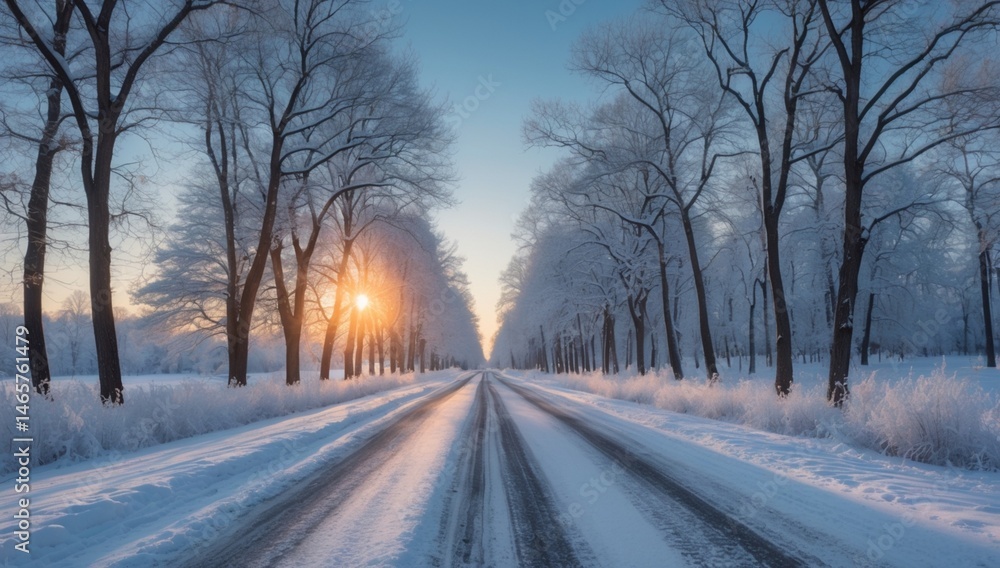 Peaceful Winter Road with Snow-Covered Trees and Golden Sunlight – Serene Landscape Photography Peaceful Winter Road with Snow-Covered Trees and Golden Sunlight – Serene Landscape Photography