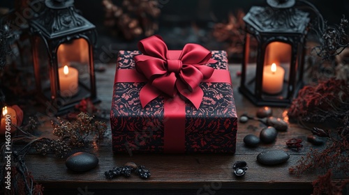 Elegant Black and Red Gift Box with Candlelight Decor for Holiday Celebrations