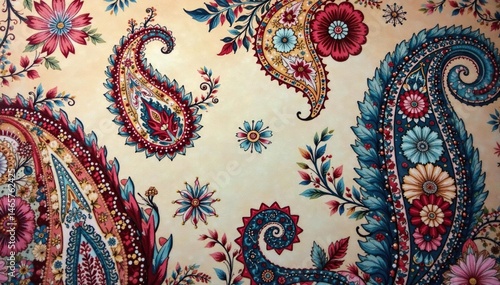 Classic paisley print, muted color palette, soft focus, shadow, beige