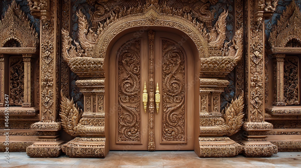 Obraz premium Intricate Entrance: Ornate wooden doorway framed by elaborate carvings and traditional motifs.