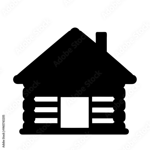 Black silhouette image of a simple log cabin with a chimney