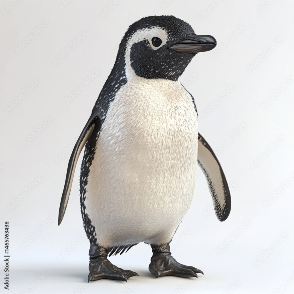 Fototapeta premium A striking portrait of an African penguin showcases its unique plumage and upright stance, highlighting its natural charm in a studio setting.