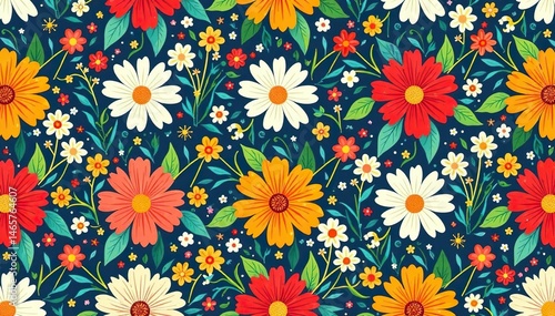 Repetitive floral motif in vibrant colors forming a lively interior design seamless pattern , summer, surface, colorful