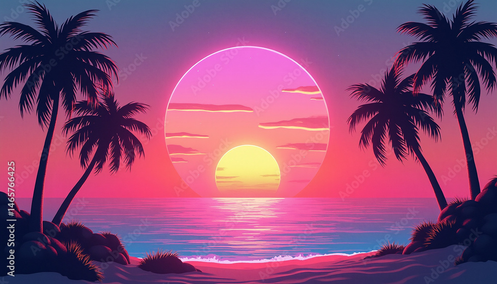 Serene Tropical Sunset with Palm Tree Silhouettes Serene Tropical Sunset with Palm Tree Silhouettes