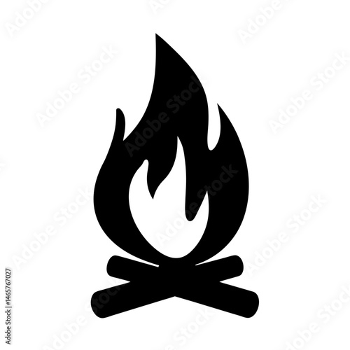 Simple Illustration of a Black Campfire with Flames and Wood Logs