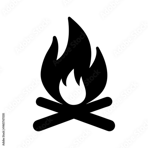 Simple black and white illustration of a campfire burning brightly outdoors