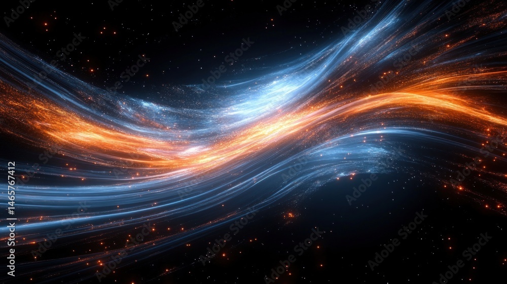 flowing streams of blue and orange light intertwine against a dark background with glowing particles scattered around creating a dynamic and energetic scene flowing streams of blue and orange light intertwine against a dark background with glowing particles scattered around creating a dynamic and energetic scene