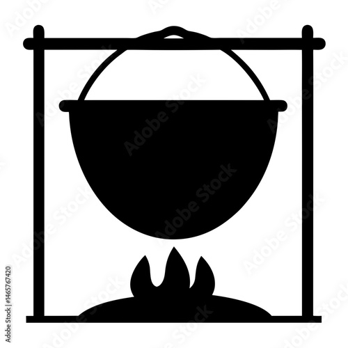 Black silhouette of a cooking pot over a campfire, camping illustration