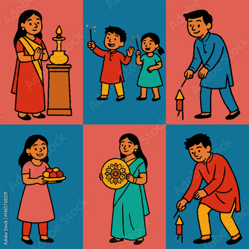 Flat cartoon illustrations of kids and adults lighting fireworks and offering prayers during Diwali