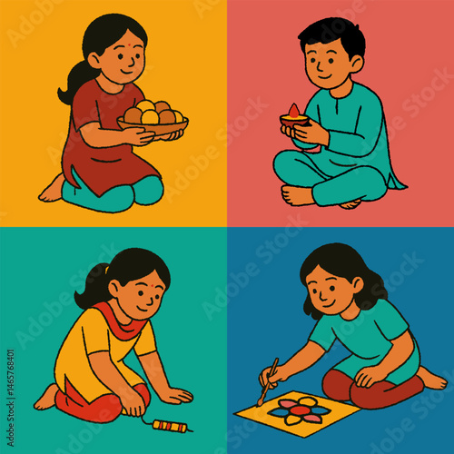 Cute kids preparing for Diwali with sweets, lamps, fireworks and rangoli art – colorful flat style