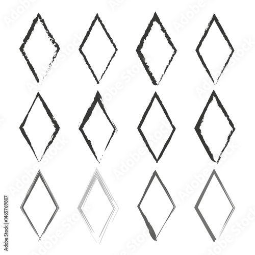 Diamond frame icon. Grunge texture shape. Ink brush element. Vector border set.