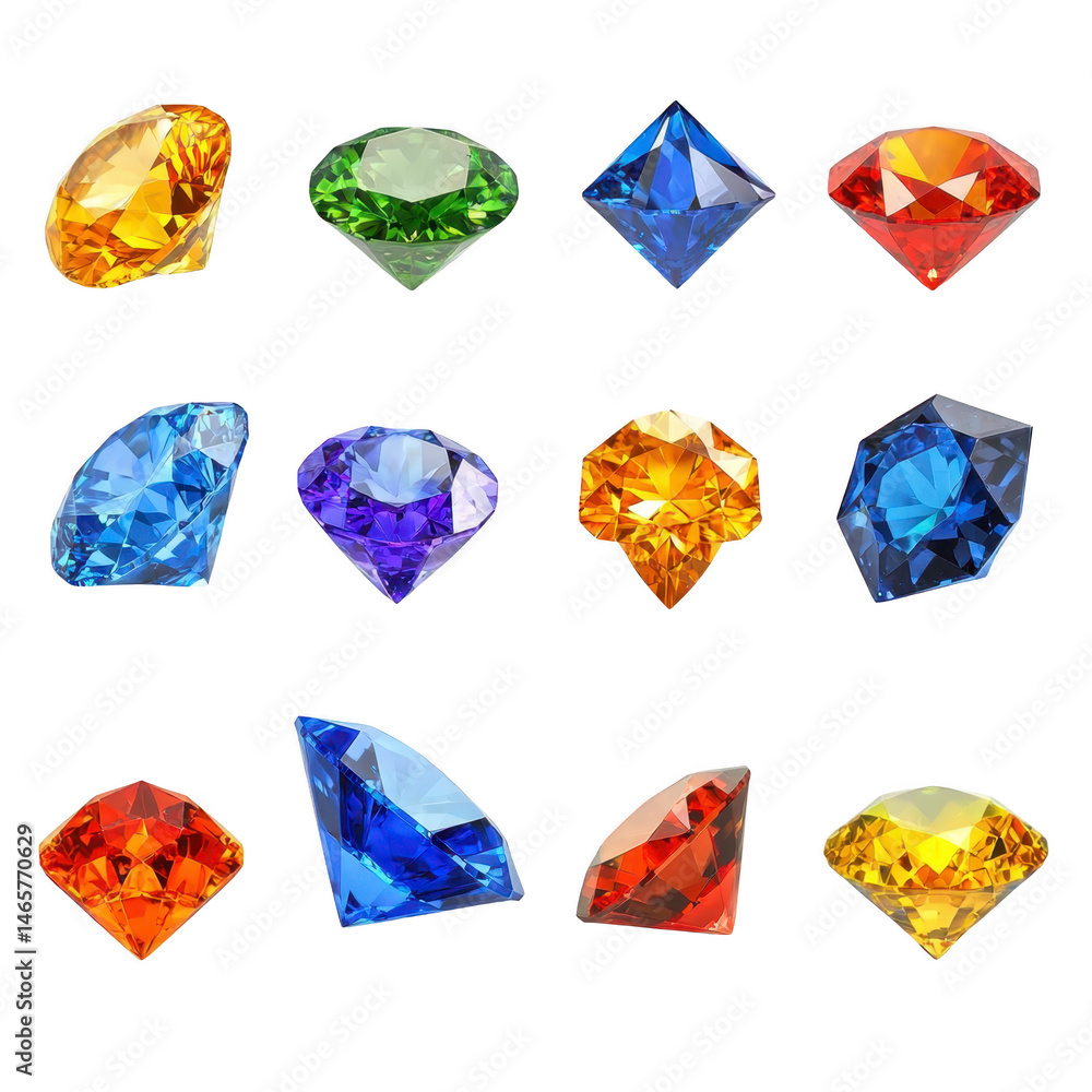 Fototapeta premium Collection of colorful gemstones including blue red yellow and green each cut in various shapes like round square and diamond displayed on transparency background