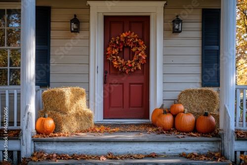 Front porch with pumpkins autumn wreath and wooden door during fall season