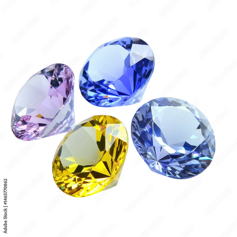 Four colorful gemstones, including purple, blue, yellow, and light blue, are displayed on transparency background, showcasing their brilliant cuts and vibrant hues Four colorful gemstones, including purple, blue, yellow, and light blue, are displayed on transparency background, showcasing their brilliant cuts and vibrant hues