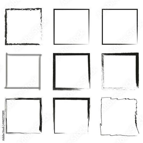 Square frame set. Brush stroke texture. Grayscale border detail. Vector illustration.