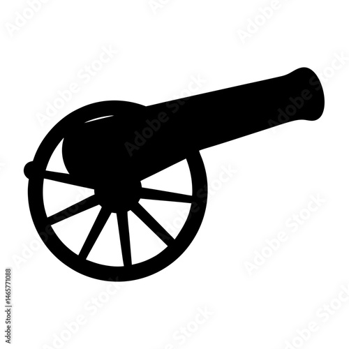Black silhouette of an old fashioned wheeled cannon on white background
