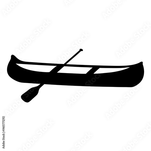Simple black and white illustration of a canoe with a paddle