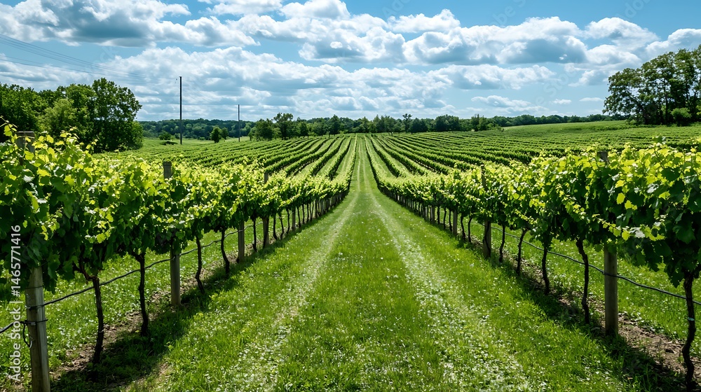 Naklejka premium Vineyard Rows Under a Summer Sky: A Picturesque Wine Country Landscape
