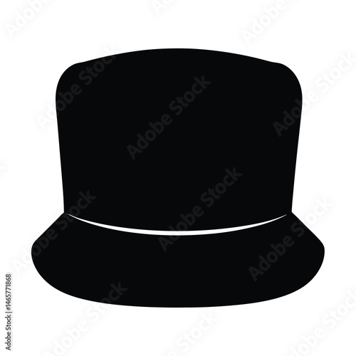 A stark black silhouette of a top hat against a white background